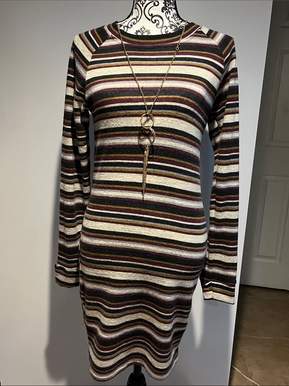 Striped Long-Sleeve Knit Dress in Cream and Brown
